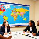 **Public Management Education**: Create an image of a diverse group of students in a classroom setting, engaging in discussions about public management. Include elements like charts, policy documents, and a world map to represent international perspectives in governance.