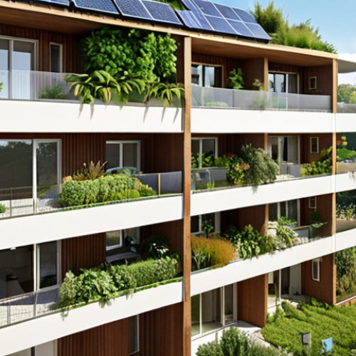 Home 25 **Apartment building exterior with solar panels on the roof, showcasing modern sustainable living. Include lush greenery around the building, emphasizing eco-friendliness.** (This visualization emphasizes the benefits of sustainable living within a VvE, potentially appealing to environmentally conscious buyers/renters.)