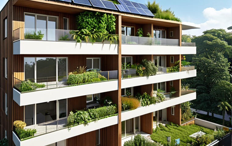 **Apartment building exterior with solar panels on the roof, showcasing modern sustainable living. Include lush greenery around the building, emphasizing eco-friendliness.** (This visualization emphasizes the benefits of sustainable living within a VvE, potentially appealing to environmentally conscious buyers/renters.)