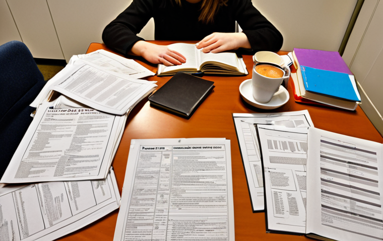 ** A student overwhelmed by public administration exam study materials, surrounded by textbooks, legislation documents, and a study plan, with empty coffee cups scattered around. The scene should convey a sense of intense pressure and late-night studying, reflecting the "slapeloze nachten" (sleepless nights) mentioned in the text. Focus on the stress and academic rigor of preparing for this type of exam in the Netherlands.
**