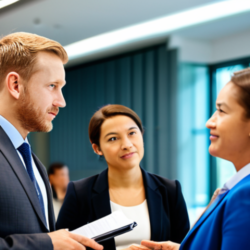 Home 23 A diverse group of public administration professionals, fully clothed in modest business suits and professional dress, actively participating in a networking event in a modern, well-lit conference hall. They are engaged in professional conversations and collaborative discussions, with natural poses and correct proportions. The background shows blurred figures and subtle conference branding. High quality professional photography, crisp focus, natural lighting, safe for work, appropriate content, professional, perfect anatomy, well-formed hands, proper finger count, natural body proportions.